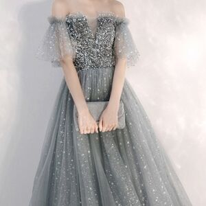 Lamya Elegant Gray Off-Shoulder Dress